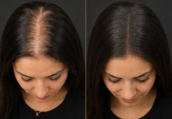 Scalp micropigmentation before and after: a widening part on the left, a fuller-looking part on the right